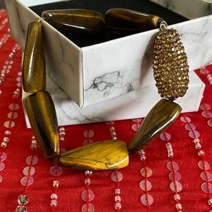 Large Tiger Eye Stones Sparkling Crystals Stretch Bracelet Excellent Condition